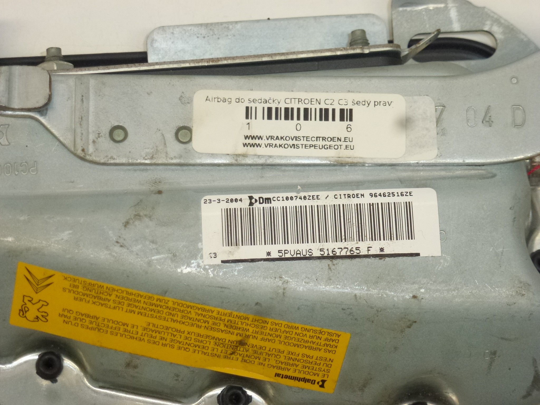 Sædeairbag lysegrå højre Citroën C2 C3 96462516ZE 8216AQ