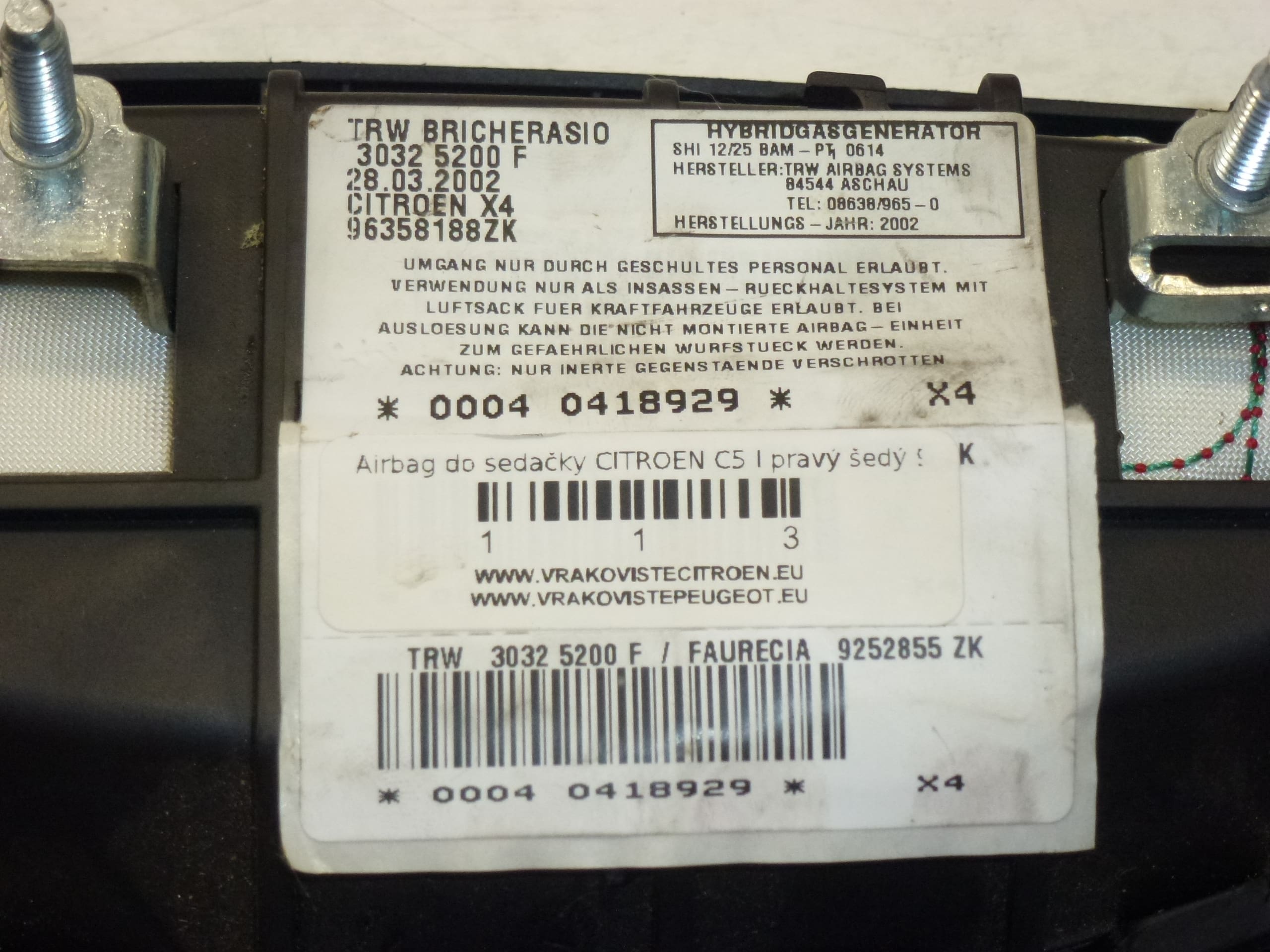 Airbag Sædebetræk Passager Citroën C5 96358188ZK 96391352ZK 8216K3 - Billede 2